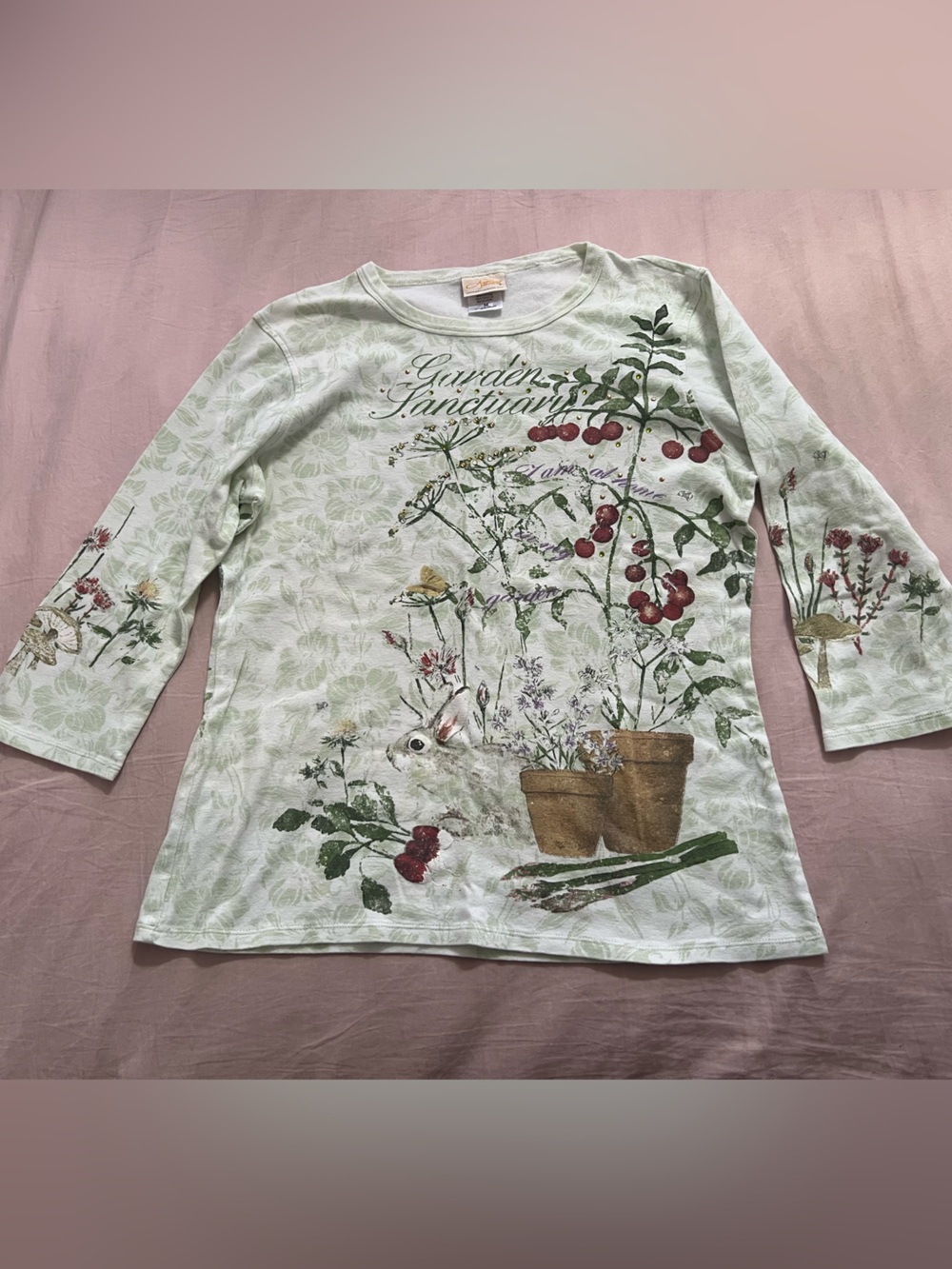 Y2K Graphic Pale Green Garden Fairy Botanical Tee with Red Berry Detail